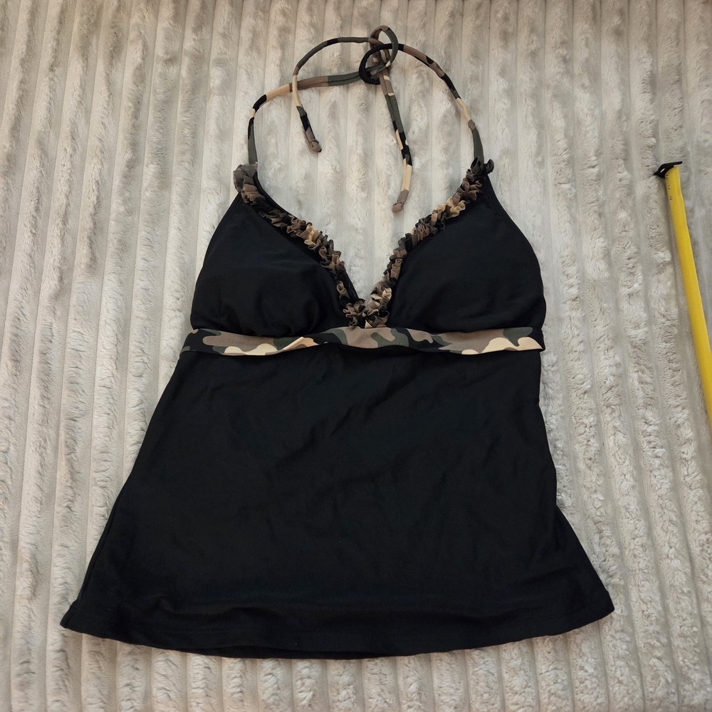 InMocean Women's Size M Black Halter Tankini Top Camo Ruffle Swimsuit Separate
